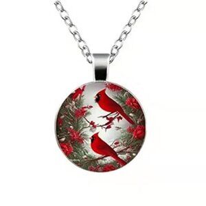Silver CARDINAL Glass Cabochon Pendant Necklace